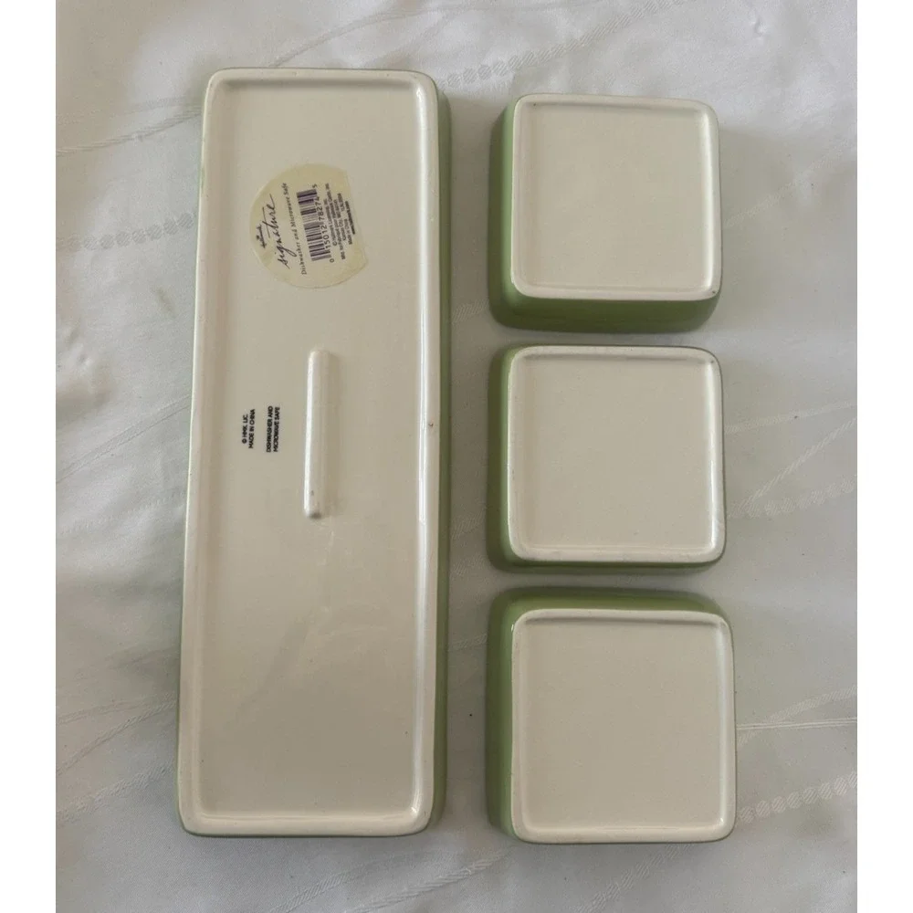 Hallmark Signature Green Rim Ceramic Serving Tray with 3 Small Dishes Leaf Set